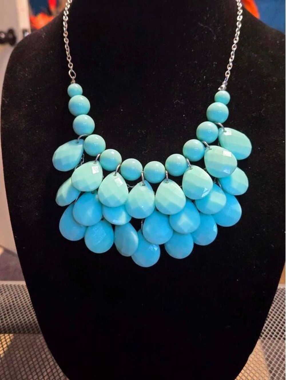 Sky Blue Multilayered Bubble Bead and Teardrop Statement Bib Necklace
